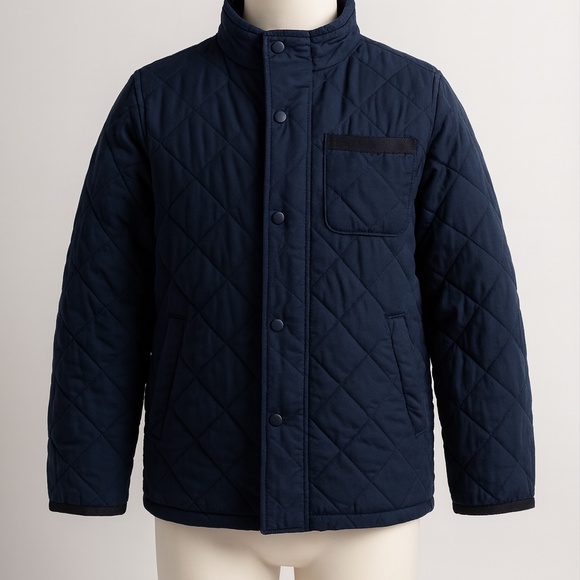 Boys Navy Quilted Jacket with Snap Front, Gently Used Diamond Lightweight Fall - Picture 1 of 11